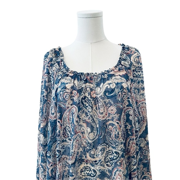 Women's 22/24W Sheer Pasiley Chiffon Blue Babydoll Flare Sleeve Plus Soft Blouse - Picture 4 of 5